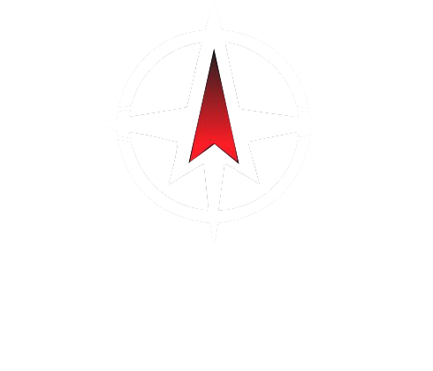Negative version of North Property Inspections Logo, featuring a compass with a slim red arrow pointing north. 