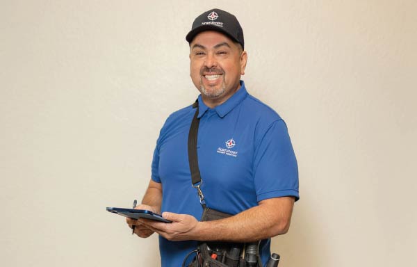 inspector oscar Professional portrait of Oscar Solorio Fregoso, ASHI Certified Home Inspector and owner of Northpoint Property Inspections, wearing a blue branded polo and hat while holding a digital tablet for reporting.